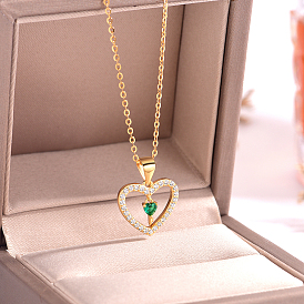 925 Sterling Silver Pave Clear & Green Cubic Zirconia Hollow Heart Pendant Necklaces for Parties and Gifts