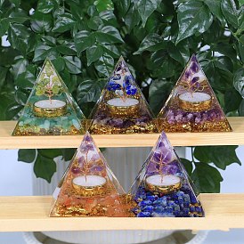 Orgonite Pyramid Resin Display Decorations, with Natural Gemstone Chips Inside, for Home Office Desk, Tree