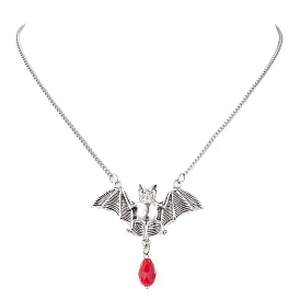 Alloy Bat and Glass Pendant Necklaces, with 304 Stainless Steel Curb Chain Necklaces