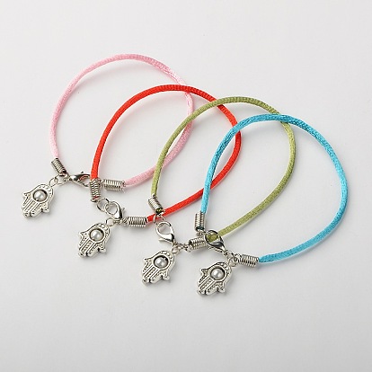 Hilo de nylon fabricación de pulseras, con cuentas de perlas de vidrio, aleación de estilo tibetano hamsa mano / mano de fatima / mano de colgantes miriam y cierres de langosta de aleación, platino y antigüedades de metal de color plata, 185x2 mm