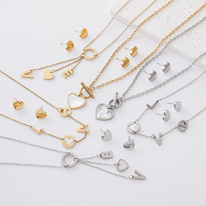 304 Stainless Steel Stud Heart Earrings & Letter LOVE Necklaces Sets for Women