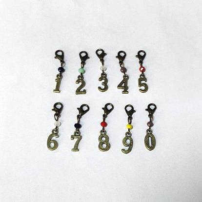 Marqueurs de point de verrouillage pendentif en alliage, breloques de fermoir de homard au crochet, numéro 0~9
