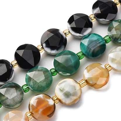 Нити окрашенных и нагретых натуральных агатовых бус с огненным кракелюром, граненый пятиугольный разрез, плоско-круглые, с бисером