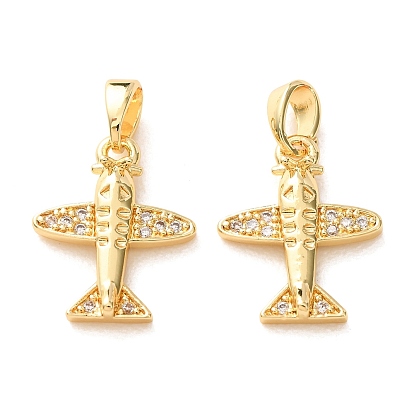 Brass Micro Pave Clear Cubic Zirconia Pendants, Airplane Charms, Rack Plating, Long-Lasting Plated, Cadmium Free & Lead Free, E-Coating