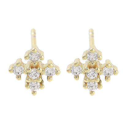 Brass Micro Pave Clear Cubic Zirconia Studs Earring, Flower