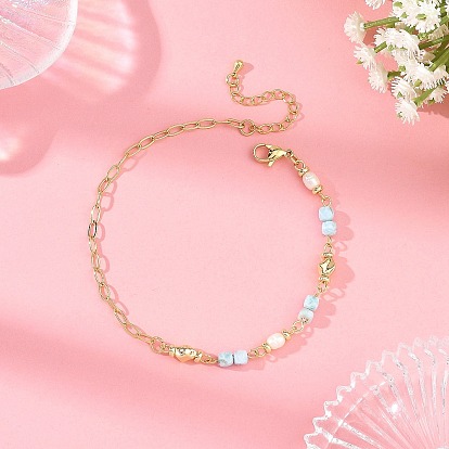 Faceted Cube Natural Larimar Brass Paperclip Chain Anklets with Natural Pearl for Women