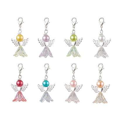 Angel Glass & Glass Pearl Pendant Decorations, Alloy Lobster Clasp Charms for Bag Ornaments