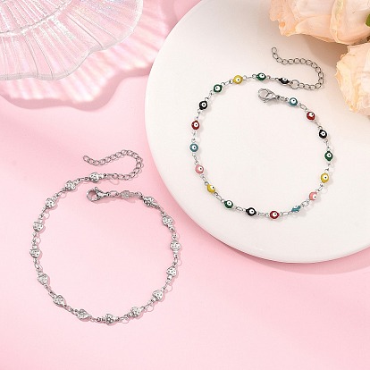 2Pcs 2 Styles 304 Stainless Steel Enamel Colorful Evil Eye Link Chain Anklets, Mushroom Link Chain Anklets