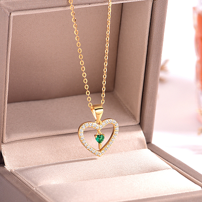 925 Sterling Silver Pave Clear & Green Cubic Zirconia Hollow Heart Pendant Necklaces for Parties and Gifts