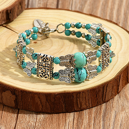 Synthetic Turquoise Beaded Double Layer Multi-strand Bracelet, Zinc Alloy Butterfly Beaded Bracelet with Feather Charms