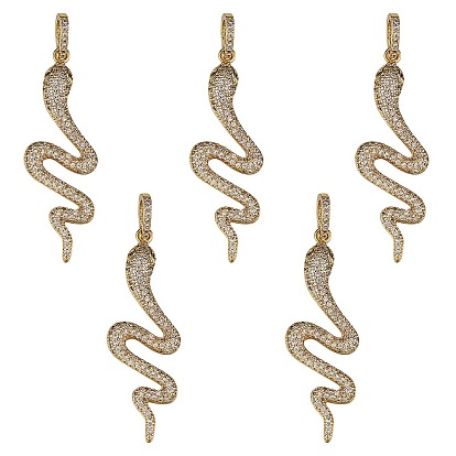 5Pcs rass Micro Pave Cubic Zirconia Pendants, Snake, Clear