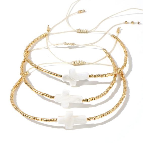 Набор браслетов из плетеного бисера и стеклянных бусин, украшение в виде креста из натуральной ракушки для женщин