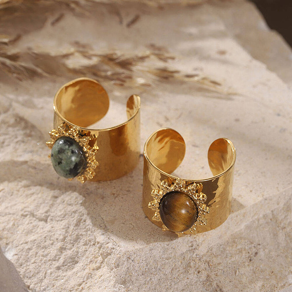 Овальные кольца на палец из натуральных драгоценных камней, широкие манжеты из нержавеющей стали для женщин