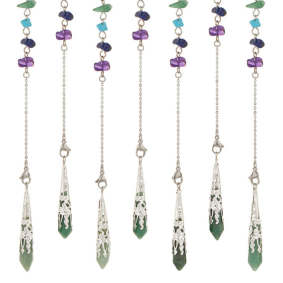 6шт. натуральный зеленый авантюрин заостренные усыпляющие маятники, с чипсами из драгоценных камней чакры и 304 фурнитурой из нержавеющей стали, шарм пули