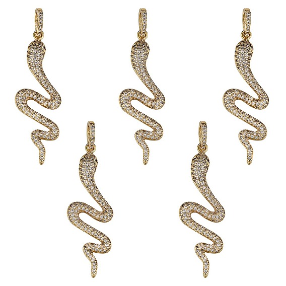 5Pcs rass Micro Pave Cubic Zirconia Pendants, Snake, Clear
