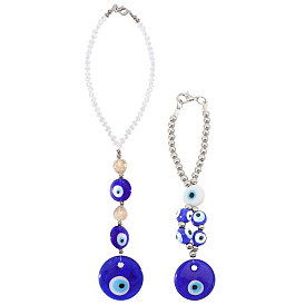 2 pièces 2 styles pendentifs œil protecteur en verre filé à la main, pour les ornements suspendus de voiture, plat rond