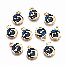 Alloy Enamel Charms, with Crystal Rhinestone with Glitter Powder, Cadmium Free & Lead Free, Flat Round with Moon, Light Gold