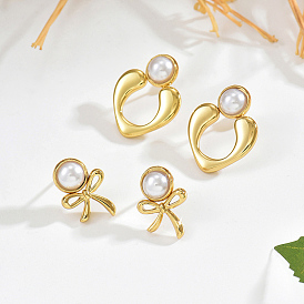 201 Stainless Steel Stud Earrings for Women, with Imitation Pearl, Golden
