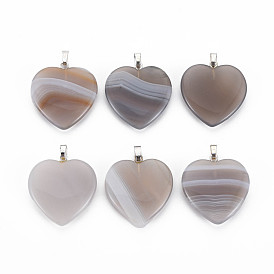 Natural Striped Agate/Banded Agate Pendants, with Stainless Steel Findings, Heart