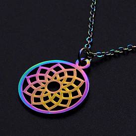 201 Stainless Steel Pendants Necklaces, with Cable Chains and Lobster Claw Clasps, Flat Round with Flower