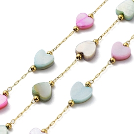 Colorful Natural Shell Heart & Brass Beaded Link Chains, with Ion Plating(IP) Golden 304 Stainless Steel Paperclip Chains, Soldered, with Spool