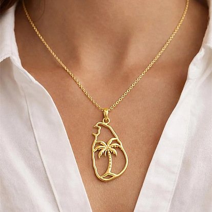 304 Stainless Steel Outline Island Coconut Tree Pendant Necklaces for Women