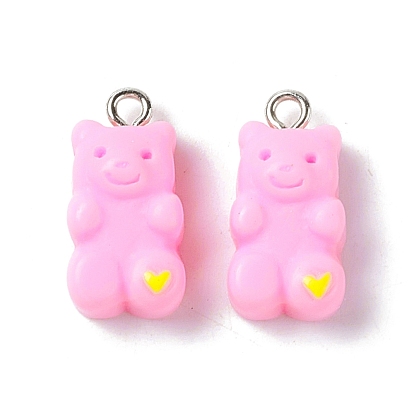 Opaque Resin Pendants, with Platinum Tone Iron Loops, Bear Charms with Heart