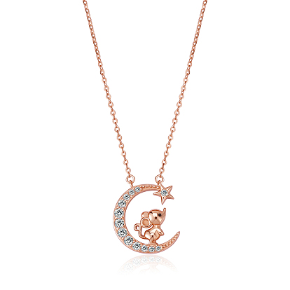 S925 Sterling Silver Cable Chain Necklaces, Micro Pave Clear Cubic Zirconia Chinese Zodiac Signs on the Moon 2-Loop Pendant Necklace for Women