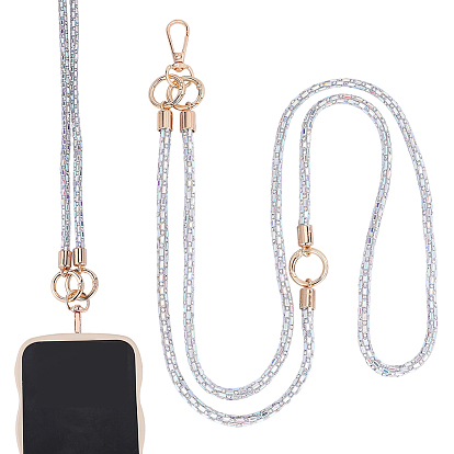1 Set Rhinestone Name Card Straps, with Alloy Finding & Cell Phone Lanyard Tether, Golden, Rectangle