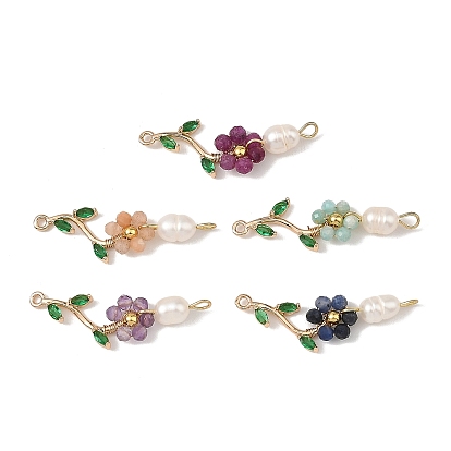 Copper Wire Wrapped Natural Cultured Freshwater Pearl & Gemstone Connector Charm , Flower Links, , Golden