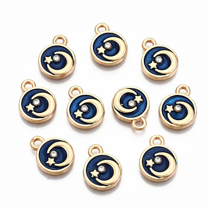 Alloy Enamel Charms, with Crystal Rhinestone with Glitter Powder, Cadmium Free & Lead Free, Flat Round with Moon, Light Gold