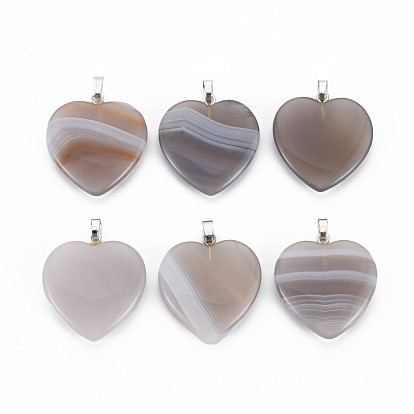 Natural Striped Agate/Banded Agate Pendants, with Stainless Steel Findings, Heart