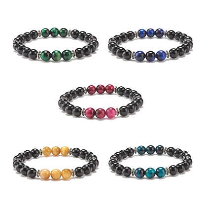 Natural Tiger Eye & Black Onyx Round Beaded Stretch Bracelet, Gemstone Jewelry for Women