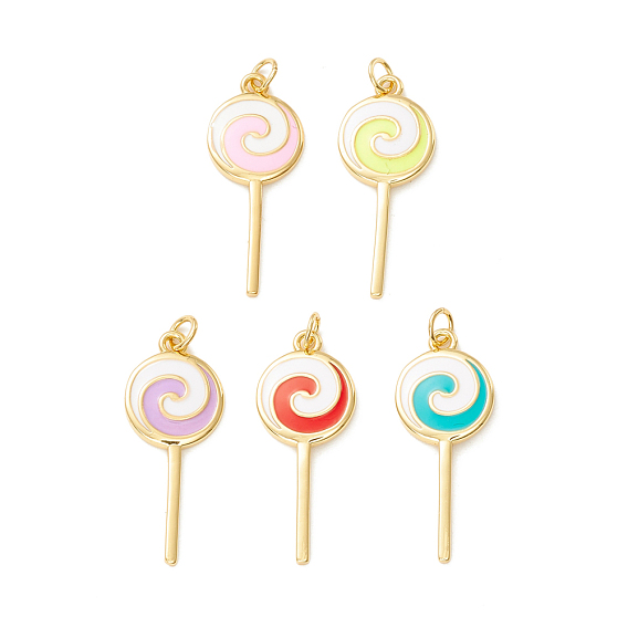 Rack Plating Brass Pendants, with Enamel & Jump Ring, Cadmium Free & Lead Free, Real 18K Gold Plated, Lollipop