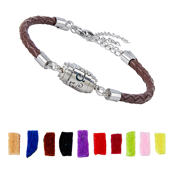 1pc 304 Bracelets diffuseurs de parfum en acier inoxydable à maillons colonnes, Bracelets de corde de cuir d'imitation, couleur inox, avec 1sac éponge coussinets parfumés