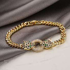 Fashionable Copper Plated Gold Zircon Leopard Hip Hop Bracelet for Women