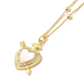 Heart Micro Pave Clear Cubic Zirconia Pendant Necklaces, with Shell, Brass Cable Chain Necklaces for Women