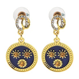 Плоские круглые серьги-гвоздики из сплава с цветочным узором и стразами