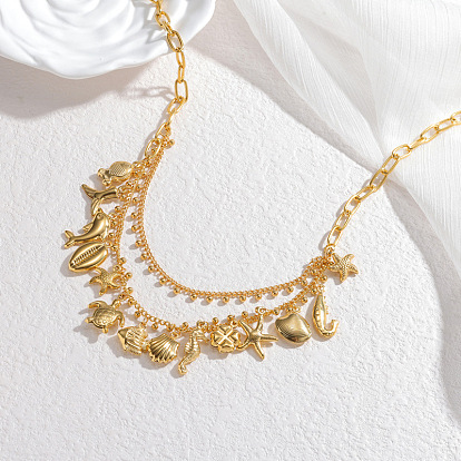 Пляжный морской пейзаж 304 ожерелье-нагрудник из нержавеющей стали с двойным слоем в виде морского конька, морской звезды, дельфина и кисточки для женщин