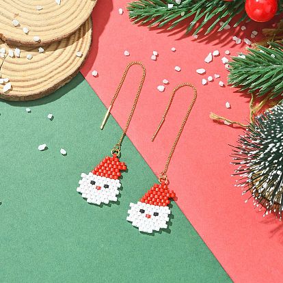Christmas 304 Stainless Steel with Glass Cylinder Seed Beads Ear Thread, Santa Claus, Golden