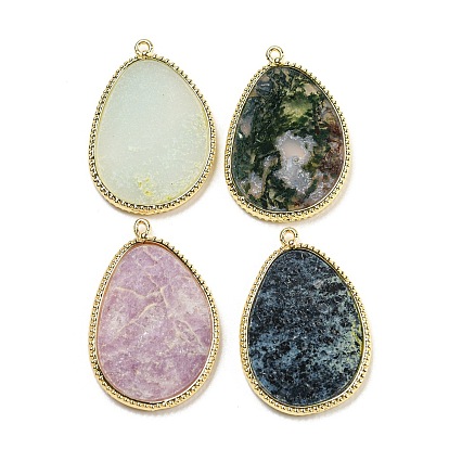 Natural Mixed Gemstone Pendants, Rack Plating Golden Plated Brass Teardrop Charms