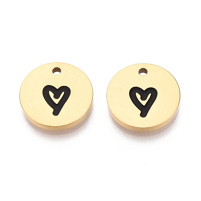 304 Плоское круглое украшение из нержавеющей стали и эмали с подвесками в форме сердца, ионное покрытие (ip)