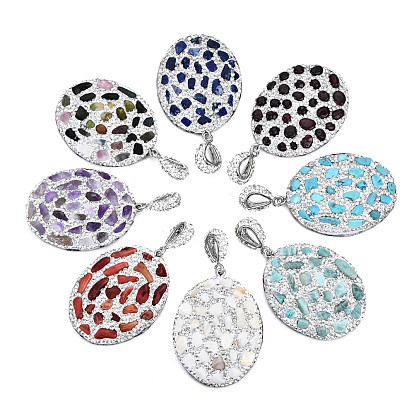 Polymer Clay Rhinestone Pendants, with Gemstone Chip/Natural Shell Chip and PU Leather, Oval