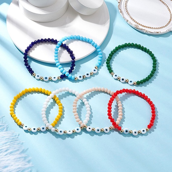 7шт. стеклянные бусины тянущиеся браслеты, ручная работа сглаз лэмпворк плоские круглые бусины украшения для женщин мужчин, граненые