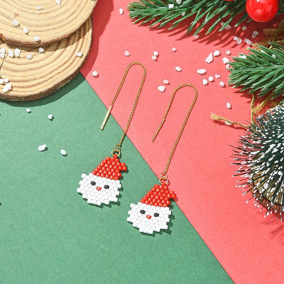 Christmas 304 Stainless Steel with Glass Cylinder Seed Beads Ear Thread, Santa Claus, Golden