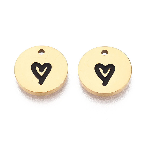 304 Плоское круглое украшение из нержавеющей стали и эмали с подвесками в форме сердца, ионное покрытие (ip)