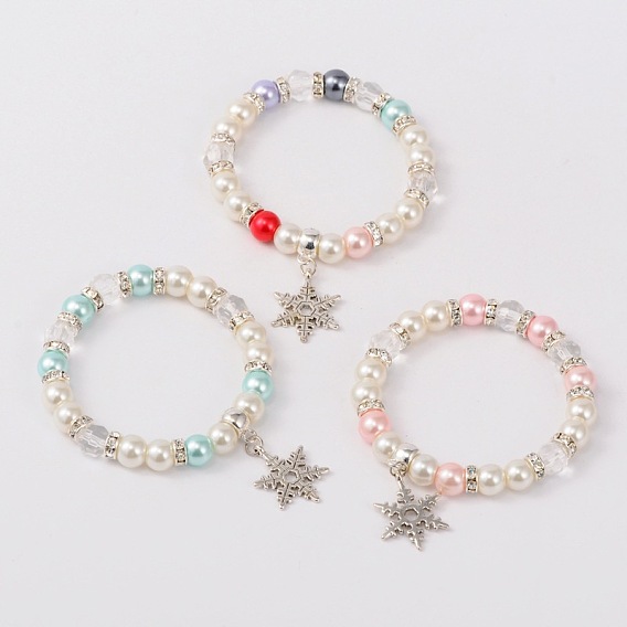 Verre à la mode des bracelets de charme perle stretch, pour noël, perles de verre, laiton perles d'espacement en strass et le style pendentif snowflke tibet, argent antique, 50mm