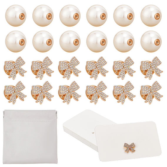 Wedding Card Holder Kit, Including 20Pcs Resin Imitation Pearl Ear Nuts, 20Pcs Bowknot Zinc Alloy Lapel Pins, 30Pcs Rectangle Paper Jewelry Display Cards and 1Pc Square PU Leather Pouches