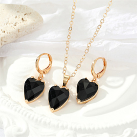 Chic Black and White Geometric Heart Crystal Earrings Necklace Set with Zirconia Accents