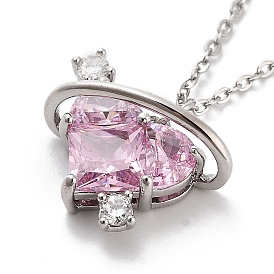 201 Stainless Steel Cable Chain Necklaces, Brass Pink Cubic Zirconia Heart Pendant Necklaces